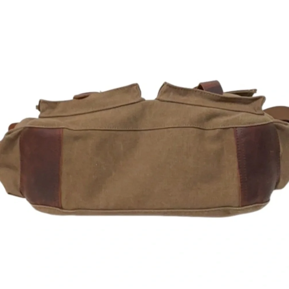 LUXUR Large Brown Canvas Messenger Bag Leather Straps